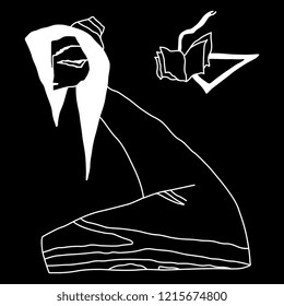 Isolated vector illustration. Fantastic seated girl with book and triangle. Hand drawn linear original style art. White silhouette on black background.