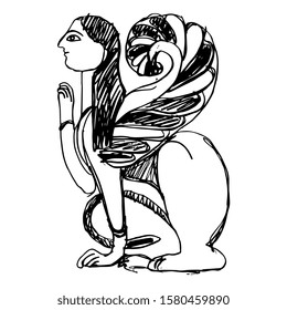 Isolated vector illustration. Fantastic sphinx. Winged female cat. Ancient Italian Etruscan motif. Hand drawn doodle sketch. Black and white silhouette.