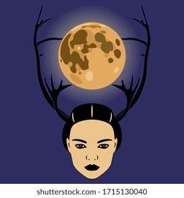 Isolated vector illustration. Fantastic surreal character. Moon goddess with deer antlers. Beautiful horned female face.