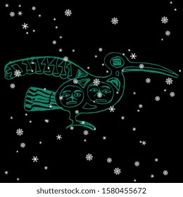 Isolated vector illustration. Fantastic totem bird under snowflakes. Native American motif of Nootka Indians. Hand drawn sketch.