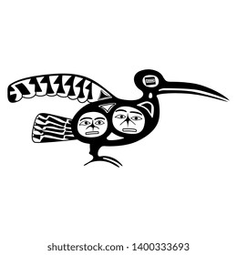 
Isolated vector illustration. Fantastic tribal bird. Traditional ethnic motif of North American Nootka Indians. Black and white silhouette.