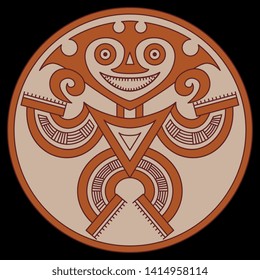 Isolated vector illustration. Fantastic tribal motif from Panama. Pre Columbian Native American art. Stylized funny human figure in a circle.