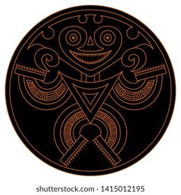 Isolated vector illustration. Fantastic tribal motif from Panama. Pre Columbian Native American art. Stylized human figure in a circle. Ornate geometric linear silhouette.