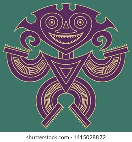 Isolated vector illustration. Fantastic tribal motif from Panama. Pre Columbian Native American art. Stylized human figure. Ornate geometric linear silhouette.