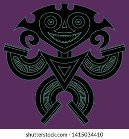 Isolated vector illustration. Fantastic tribal motif from Panama. Pre Columbian Native American art. Stylized human figure. Ornate geometric linear silhouette.