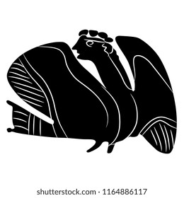 Isolated vector illustration. Fantastic winged creature. Ancient Greek half bird half woman. Siren. Black and white logo silhouette. Based on antique vase painting motif.