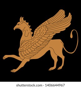 Isolated vector illustration. Fantastic winged Griffin. Ancient Greek vase painting motif. On black background.
