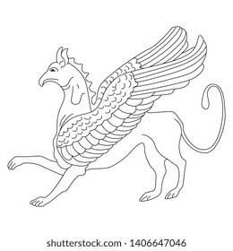 Isolated vector illustration. Fantastic winged Griffin. Ancient Greek vase painting motif. Black and white linear silhouette.