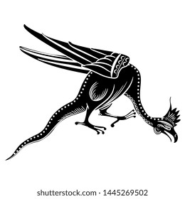 Isolated vector illustration. Fantastic winged dragon or basilisk. Medieval Gothic illuminated manuscript motif. Black and white linear silhouette.