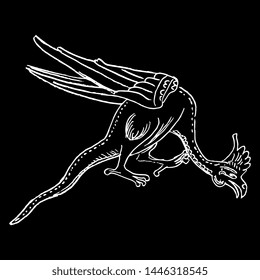 Isolated vector illustration. Fantastic winged dragon or basilisk. Medieval Gothic illuminated manuscript motif. Hand drawn linear doodle sketch. White silhouette on black background.