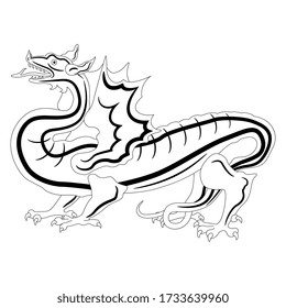 Isolated vector illustration. Fantastic winged dragon. Black and white linear silhouette.