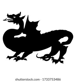 Isolated vector illustration. Fantastic winged dragon. Black silhouette on white background.