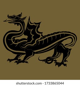 Isolated vector illustration. Fantastic winged dragon. Black and gold silhouette.