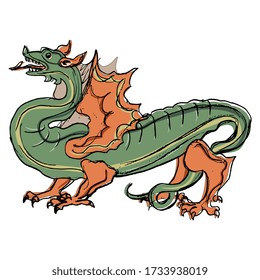 Isolated vector illustration. Fantastic winged dragon. Hand drawn colorful sketch.