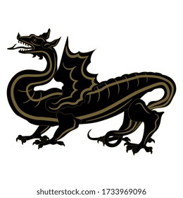 Isolated vector illustration. Fantastic winged dragon. Monochrome black and gold silhouette.