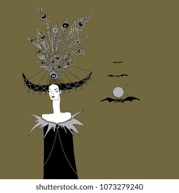 Isolated vector illustration. Fantastic woman in elaborate headdress with peacock feathers. Female archetype. Based on hand drawn original style art.