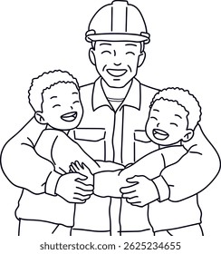 isolated vector illustration for father's day dad hugging two twin sons, construction worker line art drawing, son's day, worker's day