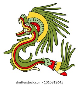 Isolated vector illustration. Feathered Serpent Quetzalcoatl. Fantastic mythological creature of Mexican Aztec Indians. Based on ancient Codex image.