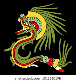 Isolated vector illustration. Feathered Serpent. Quetzalcoatl. Fantastic mythological creature of Mexican Aztec Indians. Based on ancient Codex image.