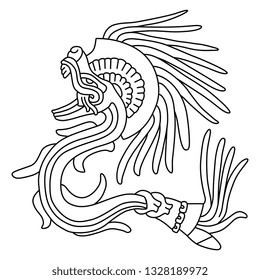 Isolated vector illustration. Feathered Serpent Quetzalcoatl. Fantastic mythological creature of Mexican Aztec Indians. Based on ancient Codex image. Black and white linear silhouette.