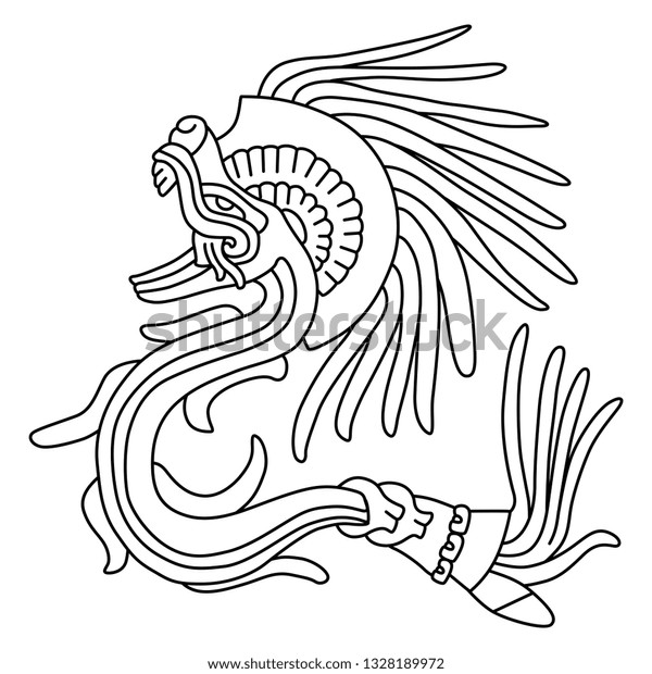 分離型ベクターイラスト 羽の生えたヘビケツァルコアトル メキシコのアステカ族のインディアンの空想的な動物 古代のコーデックス画像に基づく 白黒の線形 シルエット のベクター画像素材 ロイヤリティフリー