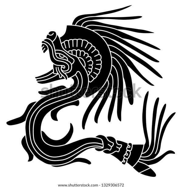 分離型ベクターイラスト 羽の生えたヘビケツァルコアトル メキシコのアステカ族のインディアンの空想的な動物 古代のコーデックス画像に基づく 白黒のシルエット のベクター画像素材 ロイヤリティフリー