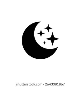 Isolated vector illustration features a black crescent moon silhouette with three stars in varying sizes on a clean white background, ideal as icon or clipart.