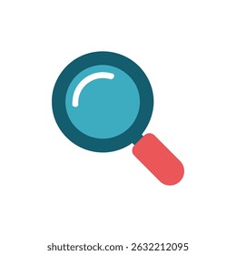 Isolated vector illustration features a magnifying glass icon with a vibrant blue lens and a distinct red handle against a transparent background.