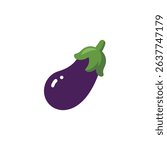 Isolated vector illustration featuring a glossy, dark purple eggplant with a green stem and leaves. The eggplant is subtly highlighted, adding depth. 152 characters.