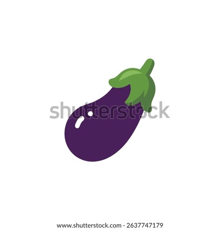 Isolated vector illustration featuring a glossy, dark purple eggplant with a green stem and leaves. The eggplant is subtly highlighted, adding depth. 152 characters.