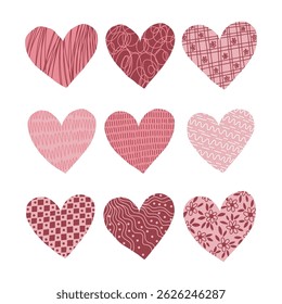 Isolated vector illustration featuring a hand drawn set of pink and red textured hearts, perfect for romantic and decorative designs.
