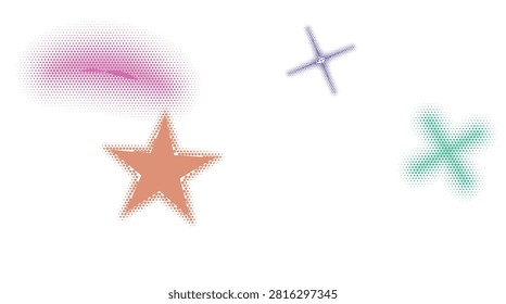 Isolated vector illustration featuring playful geometric shapes including stars and crosses in bright colors on a white background.