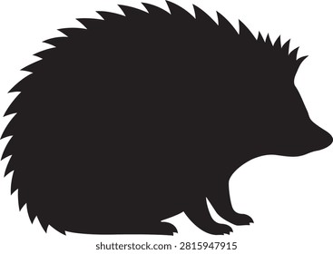 An isolated vector illustration featuring the stark, graphic silhouette of a hedgehog, showcasing its iconic spiny profile on a pure white backdrop.