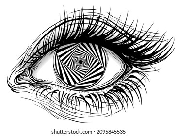 Ilustración vectorial aislada del ojo hembra con iris patrón de líneas rayadas espirales.