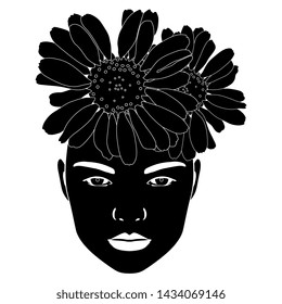 Isolated vector illustration. Female face with flower hair. Black and white silhouette.