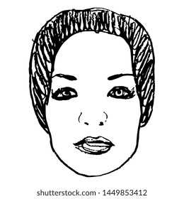 Isolated vector illustration. Female face. Hand drawn doodle sketch. Black and white silhouette.