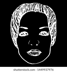 Isolated vector illustration. Female face. Hand drawn doodle sketch. White silhouette on black background.