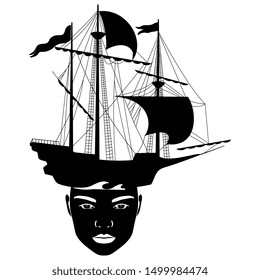 Isolated vector illustration. Female face with sailing boat as a hat. Black and white silhouette.