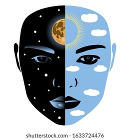 Isolated vector illustration. Female face half day half night. Goddess of nature or universe.