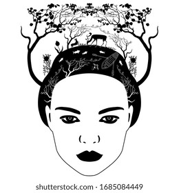 Isolated vector illustration. Female face as planet with nature as her hair. Environmental concept of alive Universe. Mother Earth goddess. Black and white silhouette.