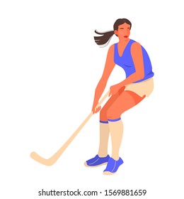 Isolated vector illustration of female field hockey athlete. Female field hockey player. Young professional sportswoman training. Healthy lifestyle concept.