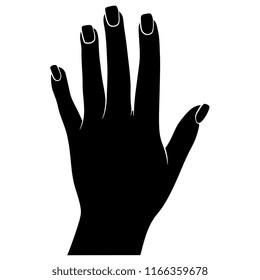 Isolated vector illustration. Female hand with square nails. Top view. Black and white linear silhouette. Cartoon style. 