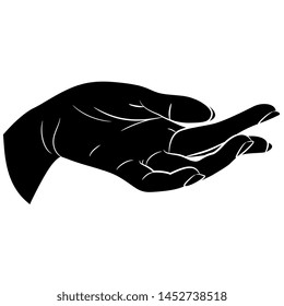Isolated vector illustration. Female hand. Open human palm. Elegant gesture. Black and white silhouette.