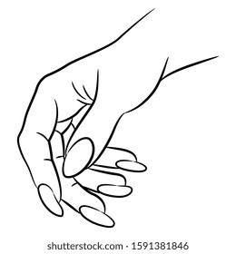 Isolated vector illustration. Female hand with long nails in relaxed gesture. Black and white linear silhouette. Cartoon style.