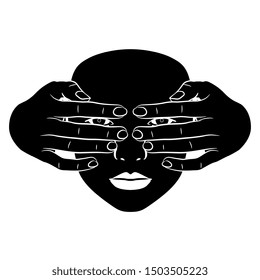 Isolated vector illustration. Female hands with two human hands covering her eyes. Black and white silhouette.