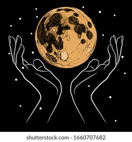 Isolated vector illustration. Female hands holding full moon in night sky. Creative concept.