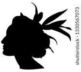 Isolated vector illustration. Female head in profile with ornate hair style decorated with orchid flower or plumage feathers. Black silhouette on white background.