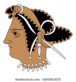 Isolated vector illustration. Female head in profile. Ancient Greek lady. Vase painting style.