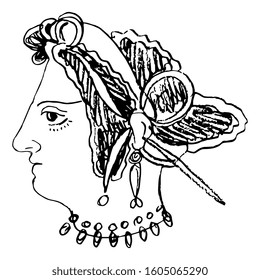 Isolated vector illustration. Female head in profile. Ancient Greek lady. Hand drawn linear doodle sketch. Black silhouette on white background.