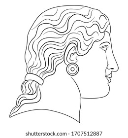 Isolated vector illustration. female head in profile. Ancient Greek antique sculpture or a goddess. Black and white linear silhouette.